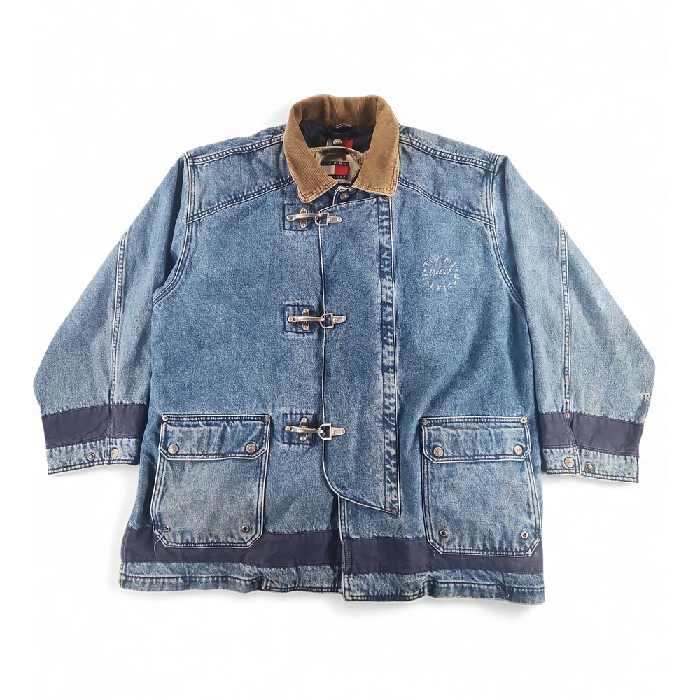 Tommy Hilfiger 90s Denim Fireman Jacket XL Workwear Streetwear Grunge Utility